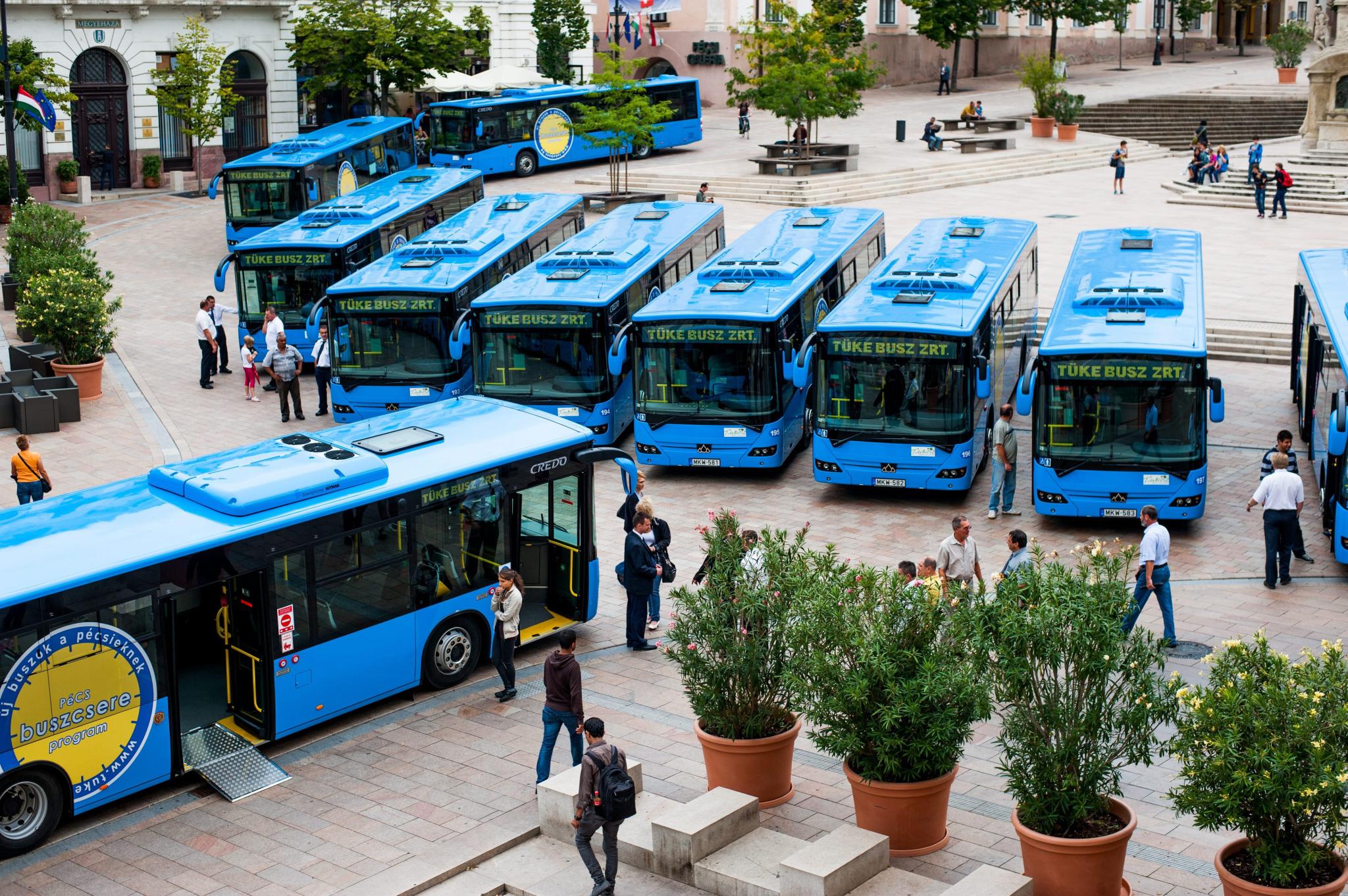 Fotó: bekékült Pécs főtere az új buszoktól