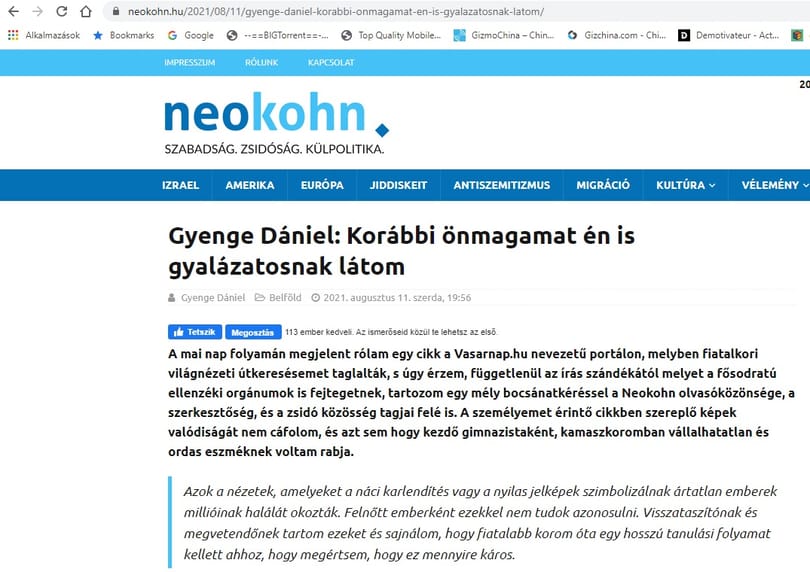 Elismerte a Neokohn külső munkatársa, hogy régen náci eszmékben hitt