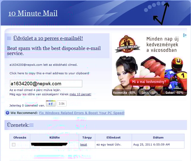 Spamek ellen: e-mail cím, csak 10 percre!