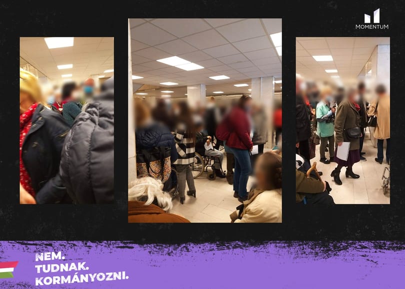 Zsúfolt tömegben várják az oltást az emberek a Jahn Ferenc Kórházban