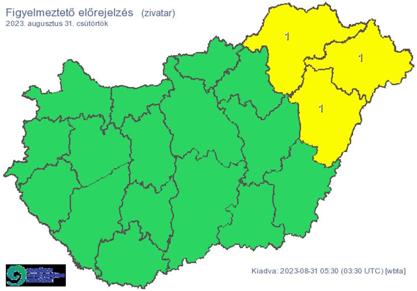 Három megyére adtak ki figyelmeztetést zivatarok miatt a nyár utolsó napjára