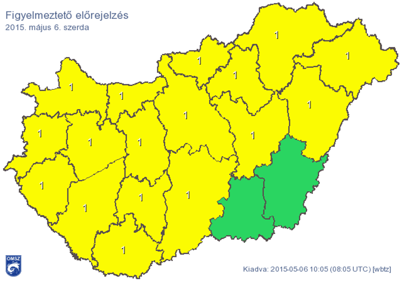 Térkép: Heves zivatar és jégverés miatt sárgul be az ország