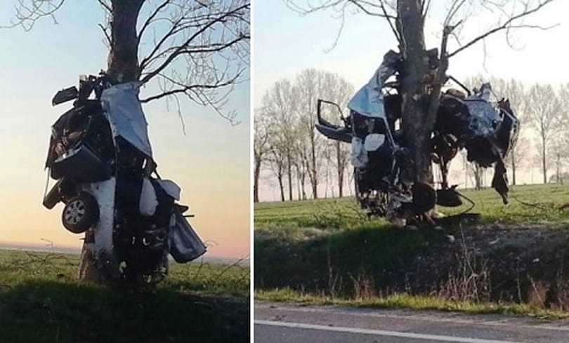 Szürreális baleset Értarcsánál, a fán lógott az összetört autó