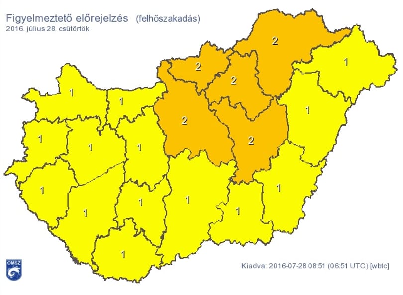 Narancs figyelmeztetést adtak ki Budapestre és több megyére