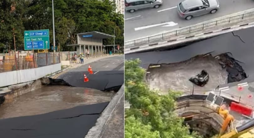 Eltűnt az út alóla: hatalmas víznyelőbe esett egy nő a kocsijával Szingapúrban – videó