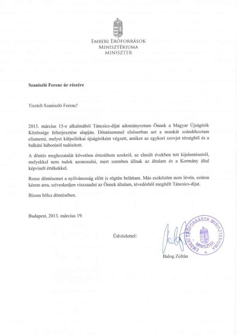Balog: adja vissza Szaniszló a Táncsics-díjat