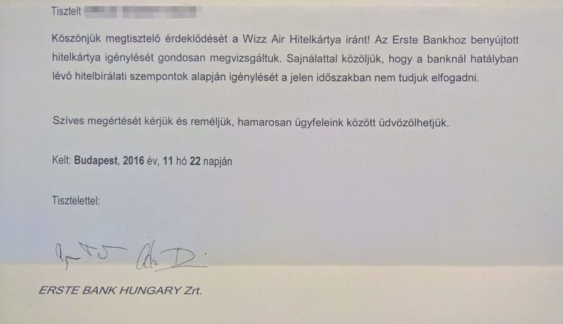 K. úr esete az Erste Bankkal és a Wizz Air-hitelkártyával