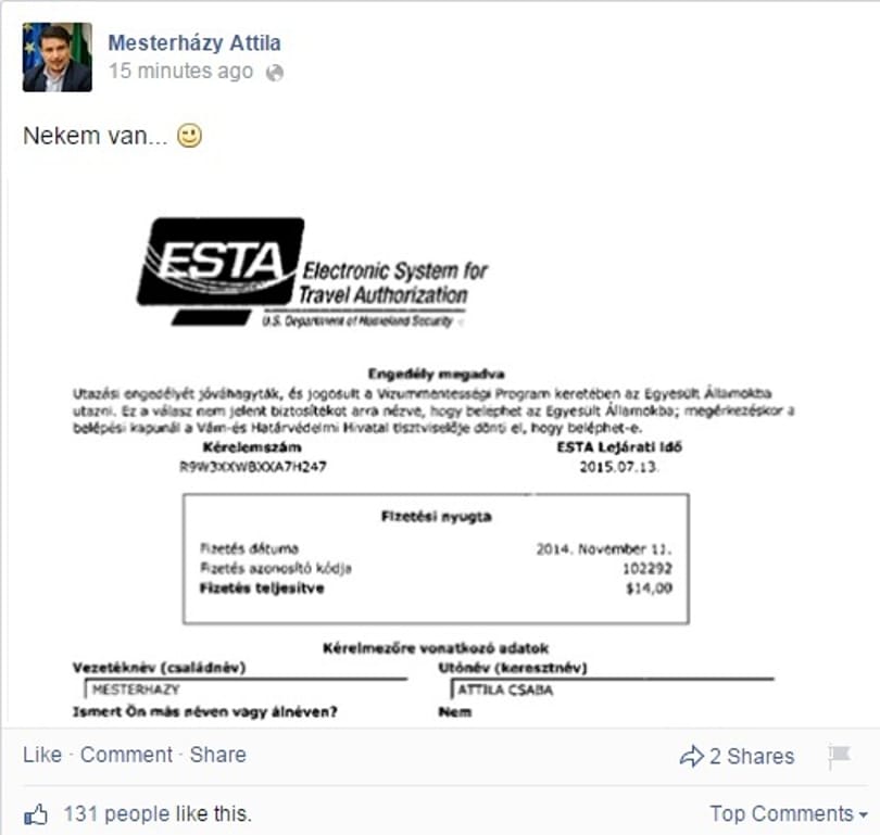 Fotó: Mesterházy büszke az amerikai beutazási engedélyére