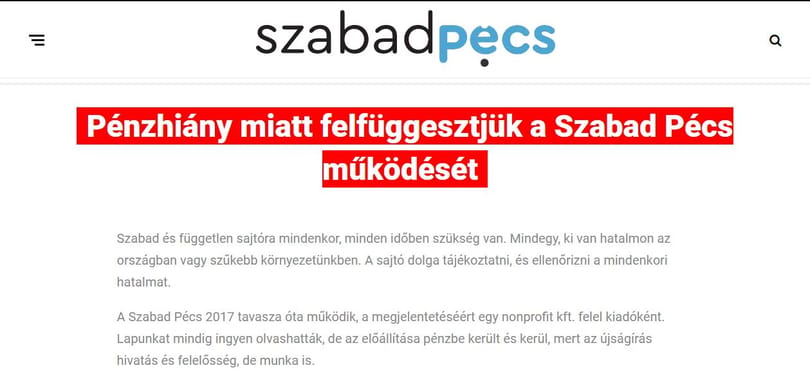 Pénzhiány miatt felfüggeszti működését a Szabad Pécs