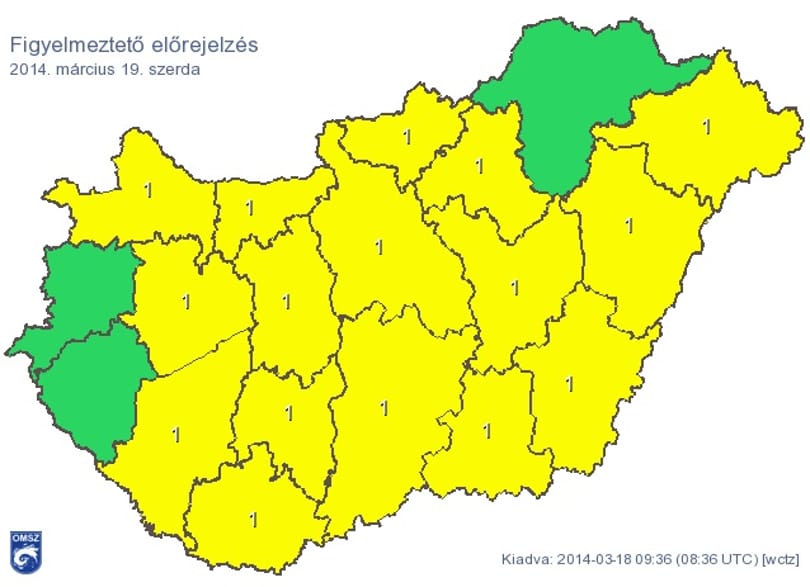 Figyelmeztetést adtak ki Budapestre és 15 megyére holnapra - térkép