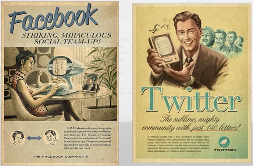Retro Twitter-, YouTube- és Facebook-plakátok