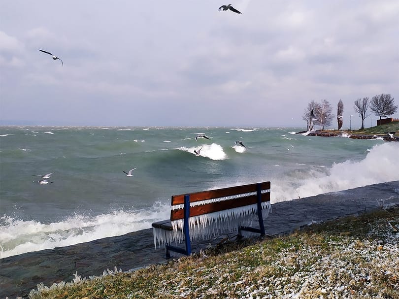 Ropogósra fagyott a fű a Balatonnál