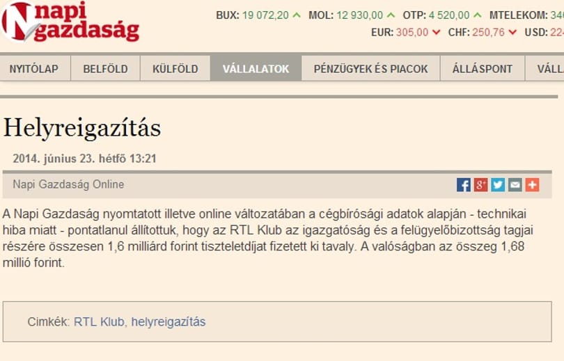 Helyreigazította helyreigazítását a Napi Gazdaság