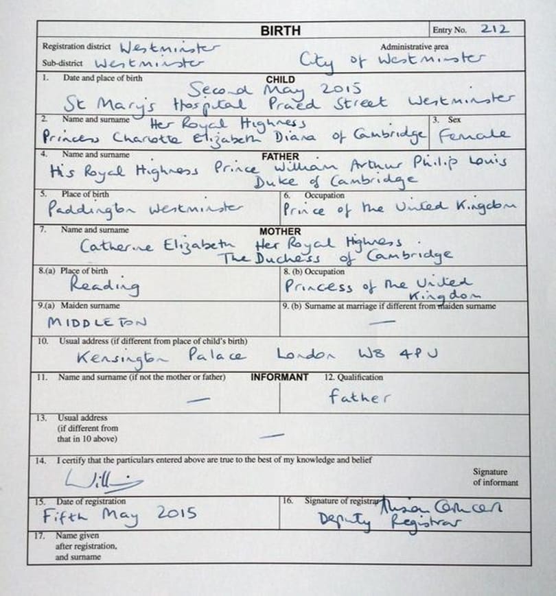 Fotó: Így néz ki Charlotte Elizabeth Diana első hivatalos irata
