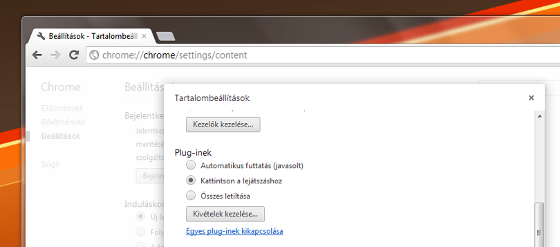 Click to Play funkció beállítása a Chrome-ban