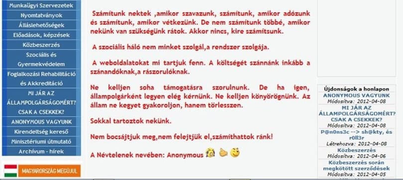 Hackertámadást intézett egy hazai intézmény ellen az Anonymous