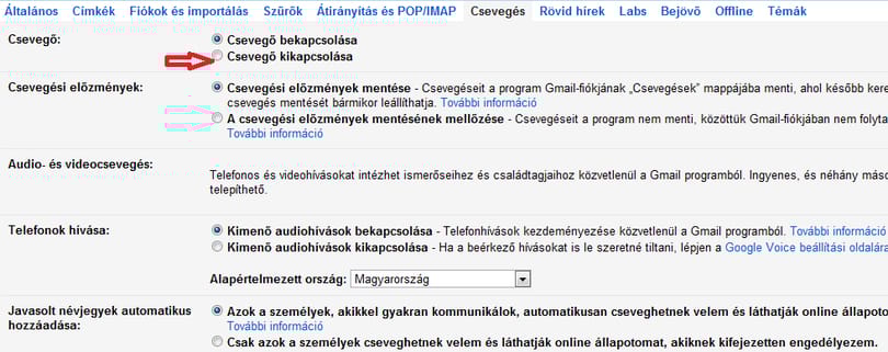 A chat-doboz eltávolítása a Gmailből