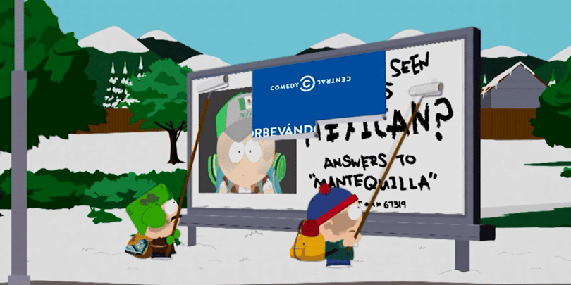 South Park-szereplők rongálnak meg egy konzultációs plakátot