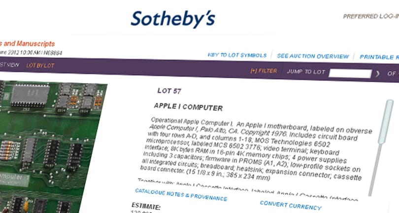 Árverés - elkelt az eredeti, Apple 1-es alaplap
