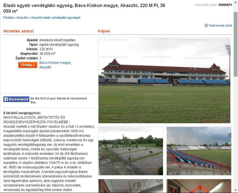 220 millióért eladó az akasztói Stadler-stadiont