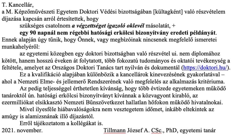 Nemzeti Bűnszövetkezetet emlegetve vágott vissza a Képző kancellárjának a neves filozófus, amikor az erkölcsi bizonyítványát kérték