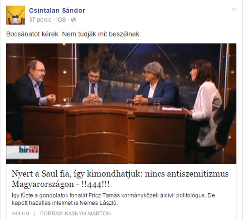 Csintalan Sándor kér bocsánatot a Saul fiával foglalkozó hírTV-s műsor miatt