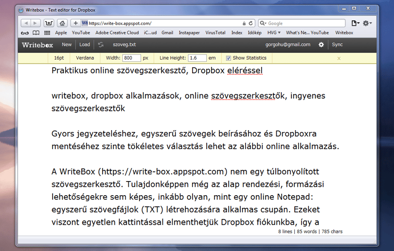 Praktikus online szövegszerkesztő, Dropbox eléréssel