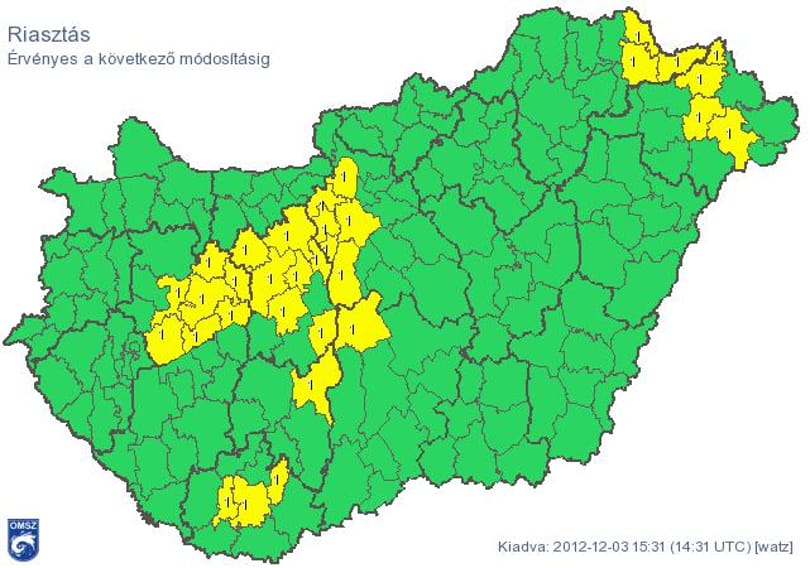 Riasztást adtak ki az ország több területére - térkép