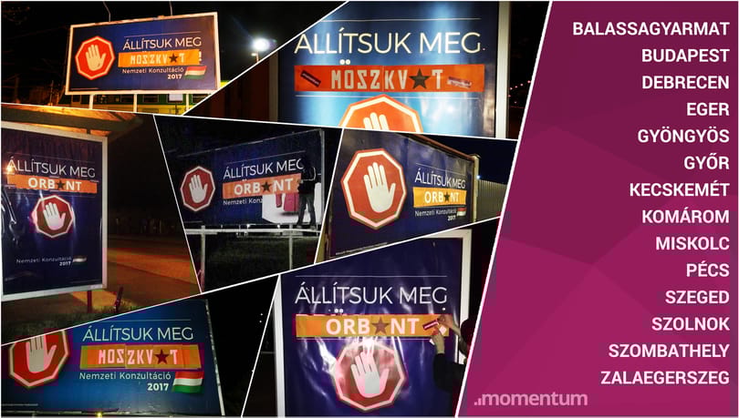 Tizennégy városban dolgozták meg a kormányzati plakátokat a momentumosok – fotók