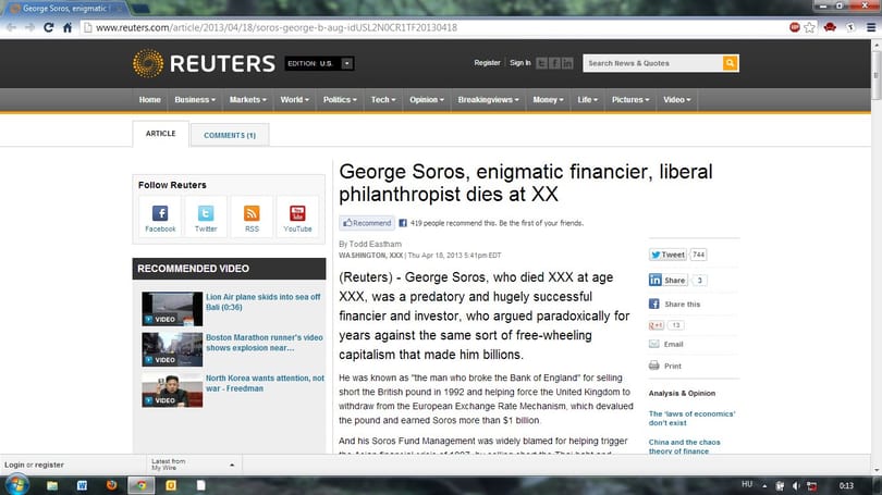 Baki a neten: Soros György halálhírét keltette a Reuters
