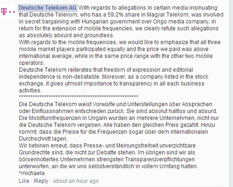 Elege lett a Deutsche Telekomnak, Facebook-kommentben szólaltak meg