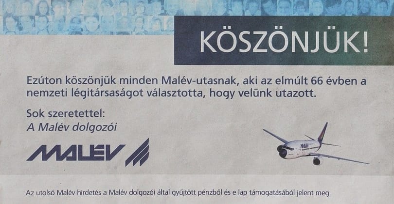Fotó: a Malév dolgozói újsághirdetésben búcsúznak 