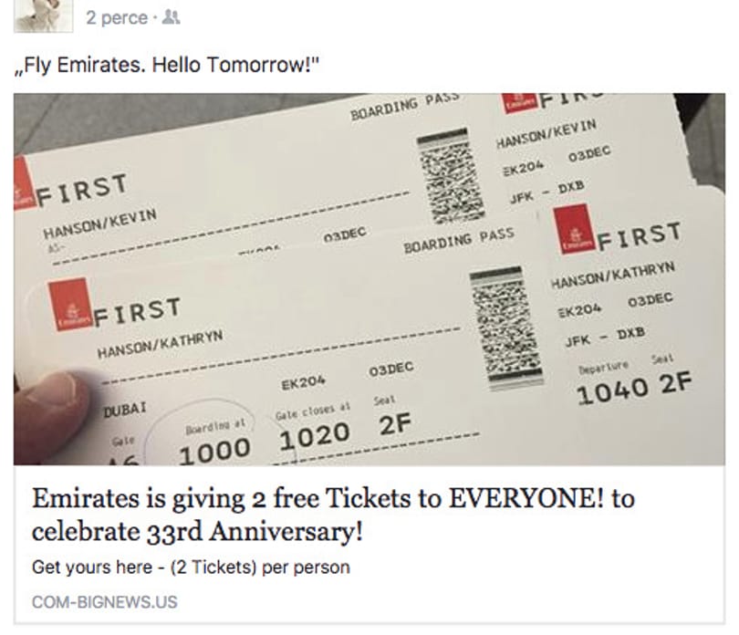 Minden kattintónak 2 ingyen repülőjegyet ad a 33 éves Emirates? És ennek mégis hanyadjára dől be?