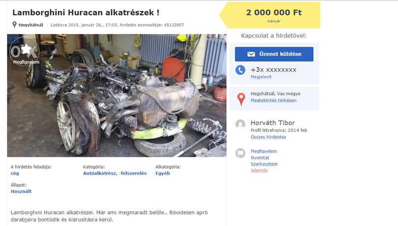 Kétmillió forintért árulják a neten az M7-esen rommá tört Lamborghinit