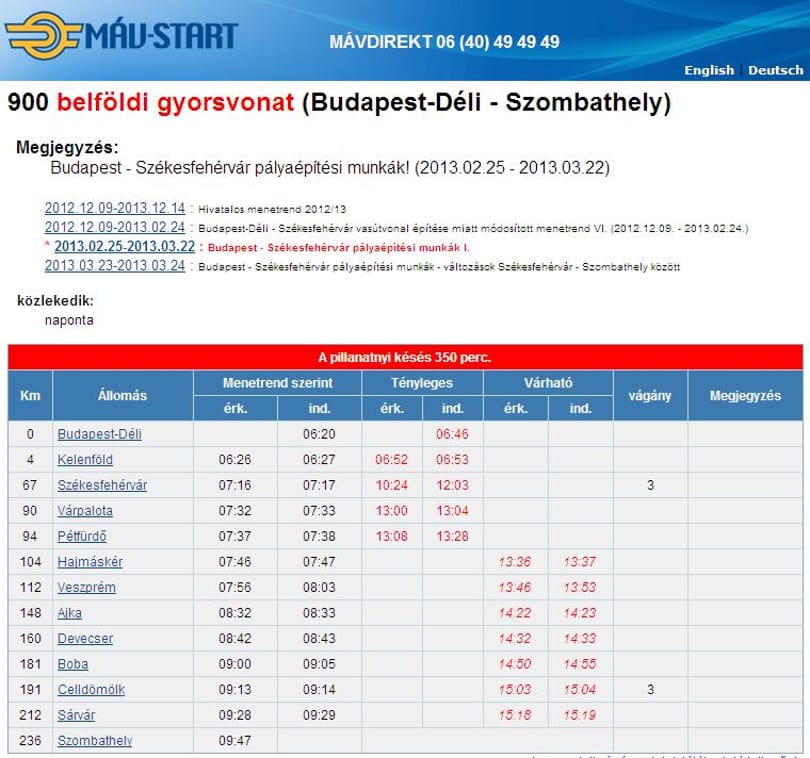 350 percet késik a szombathelyi gyors