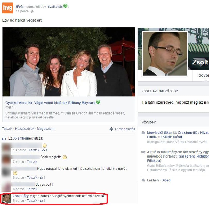 Egy KDNP-s kommentben szólta le az agytumoros eutanáziás nőt