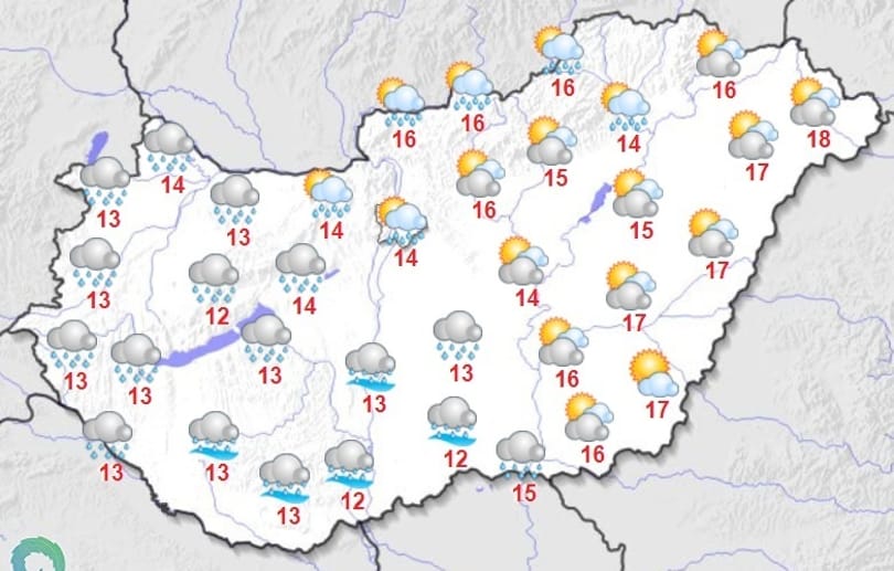 Borongós és esős lesz a hétfő, délnyugaton hullhat a legtöbb csapadék