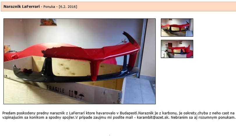 4000 euróért eladó a Váci úton összetört LaFerrari lökhárítója