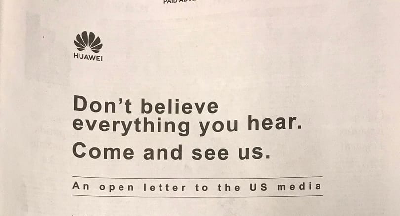 Visszavág a Huawei: egész oldalas hirdetésben hívták meg a cég központjába a teljes amerikai sajtót