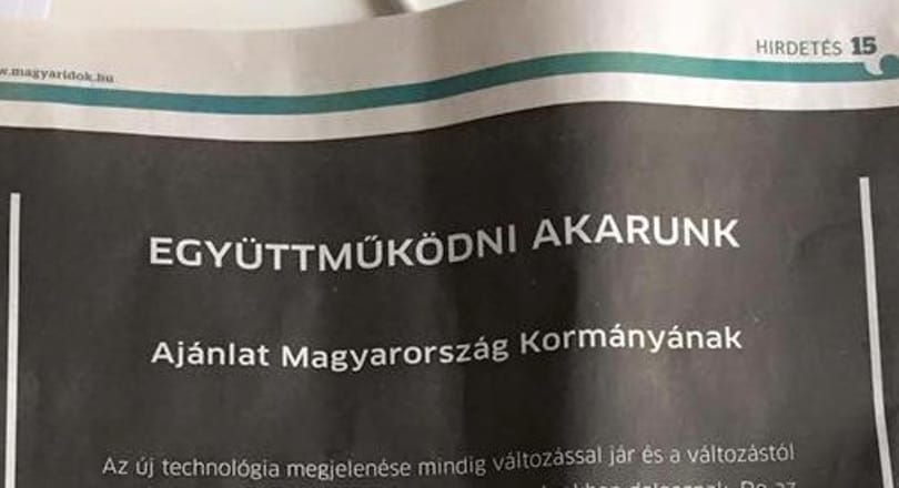 Egész oldalas hirdetésben üzent a kormánynak az Uber – és 110 ezer magyar