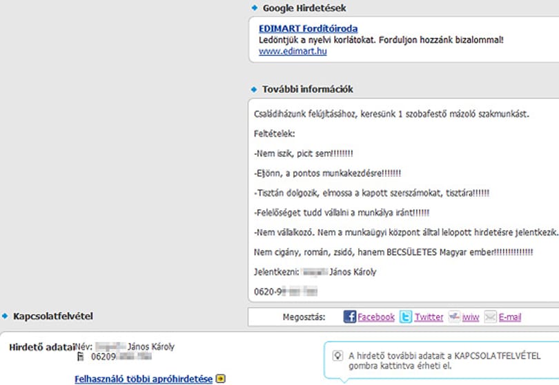 „Nem cigányt, románt, zsidót; becsületes magyart” kerestek az Expressz-hirdetésben