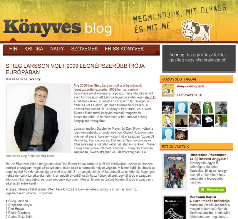 Stieg Larsson volt 2009 legnépszerűbb írója Európában