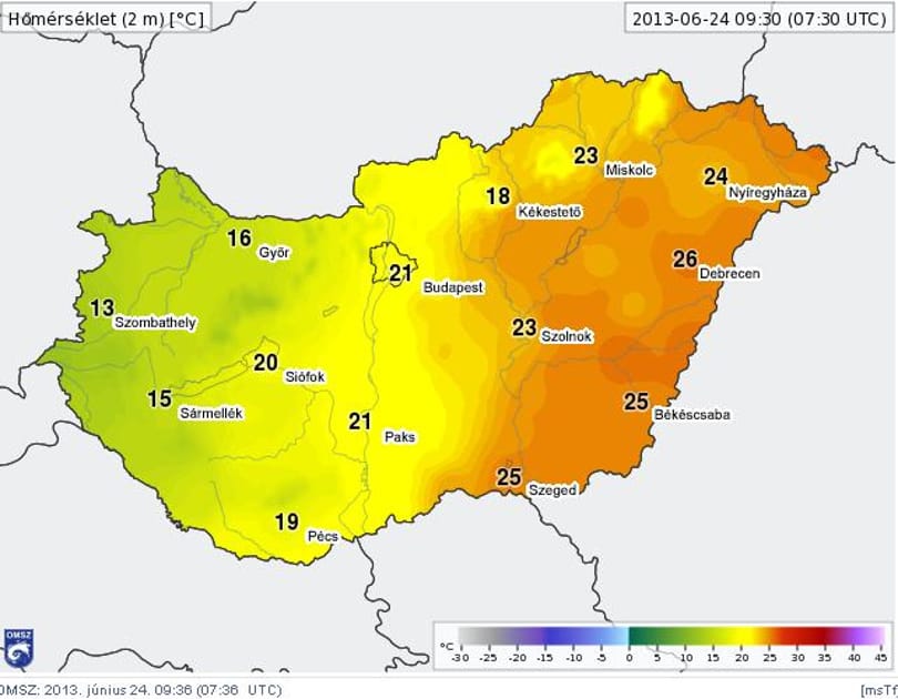 Hőtérkép: kettészakadt az ország, Nyugaton már csak 13 fok van