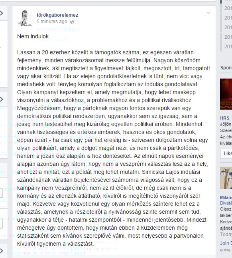 Török Gábor nem indul a veszprémi választáson