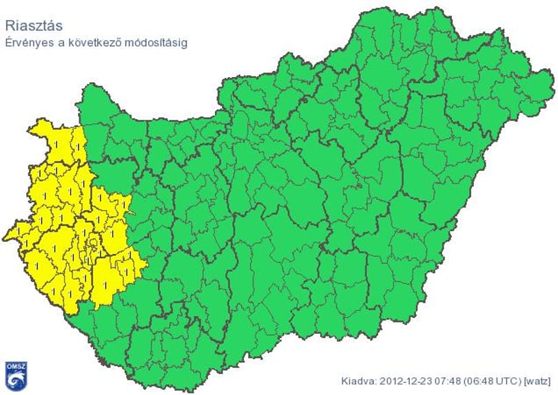 Riasztást adtaki ki több megyére - térkép