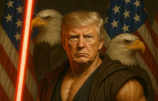 Az izompacsirta Trump sasos, lézerkados képpel ünnepli a nemzetközi Star Wars-napot