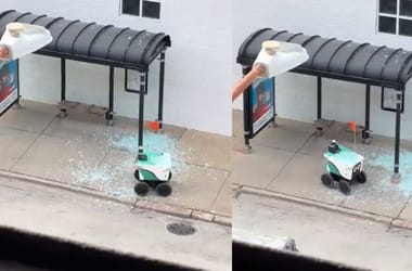 Szépen kikerülte a robot a buszmegállót, aztán jött az üvegfal – videó