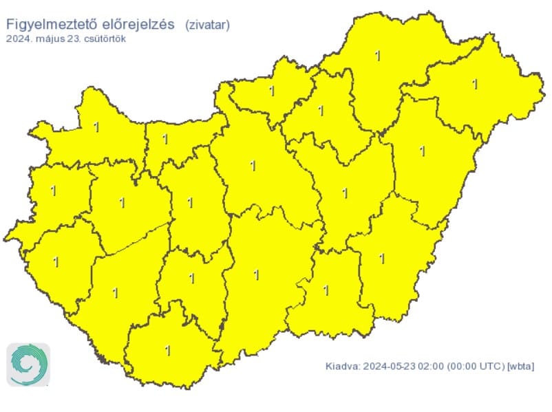 Az egész országra citromsárga figyelmeztetést adtak ki zivatarok miatt, a legtöbb megyében felhőszakadások is lehetnek