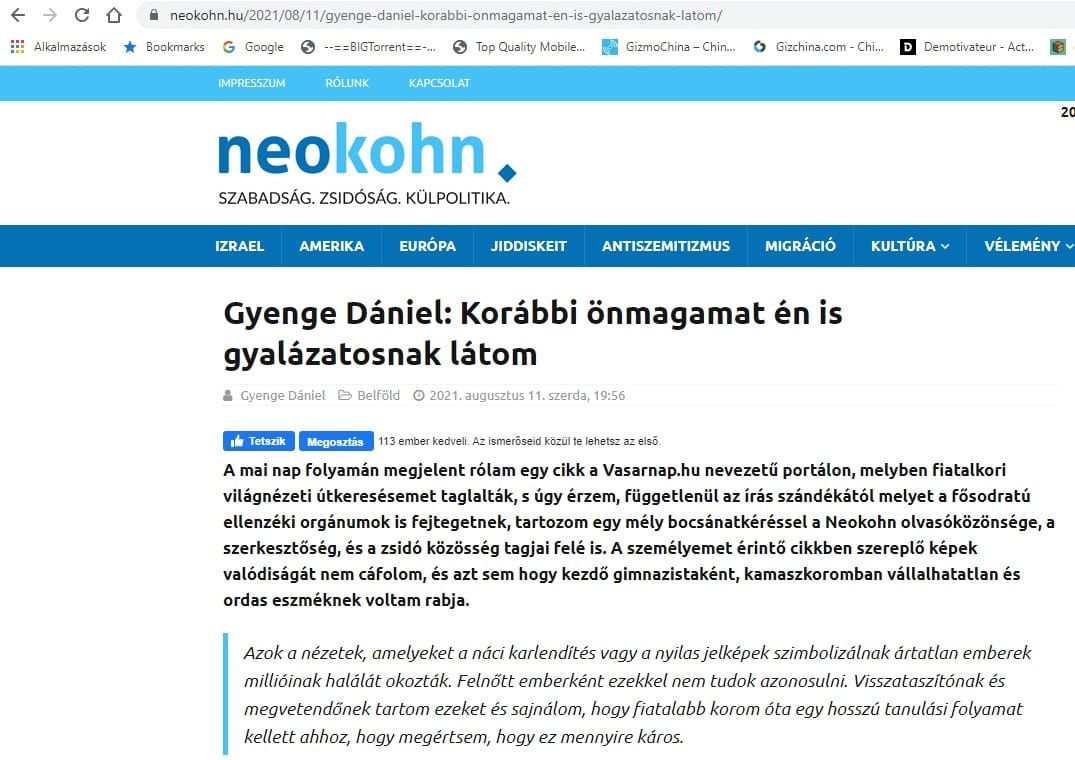 Elismerte a Neokohn külső munkatársa, hogy régen náci eszmékben hitt