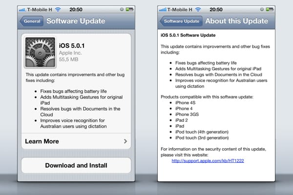 Letölthető az iOS 5.0.1-es frissítése: vége az akku gondoknak!